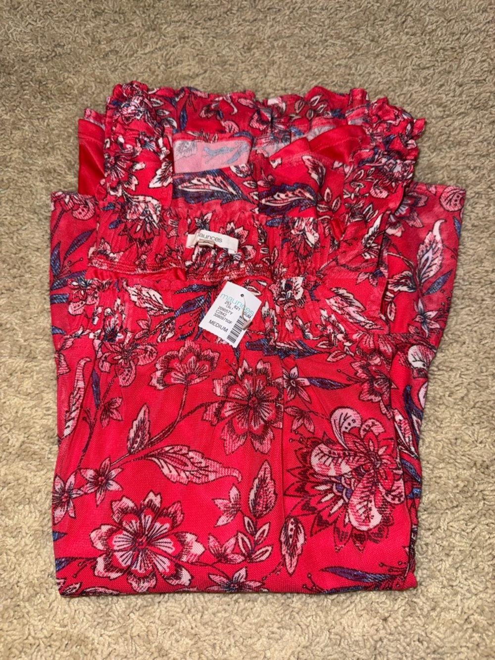 Maurices Red Floral Smocked Strap Top